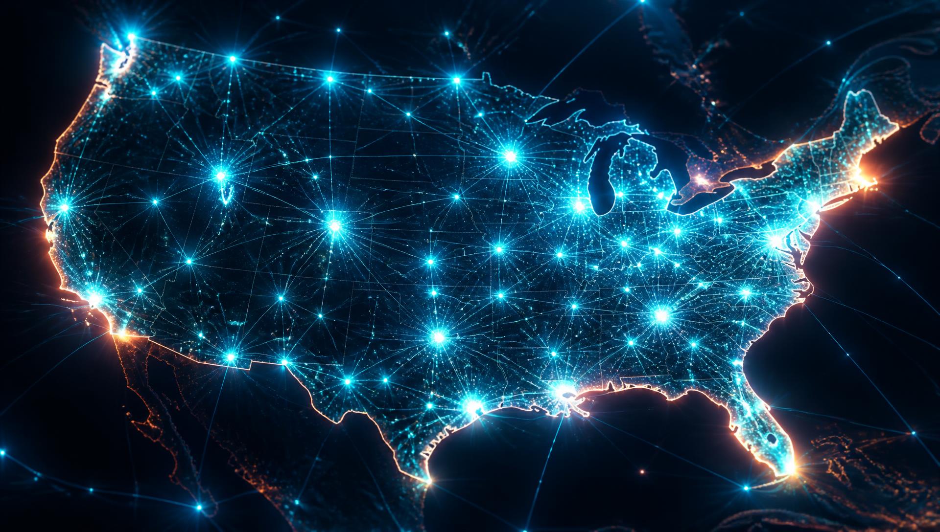 Illuminated digital network of family nodes across the United States